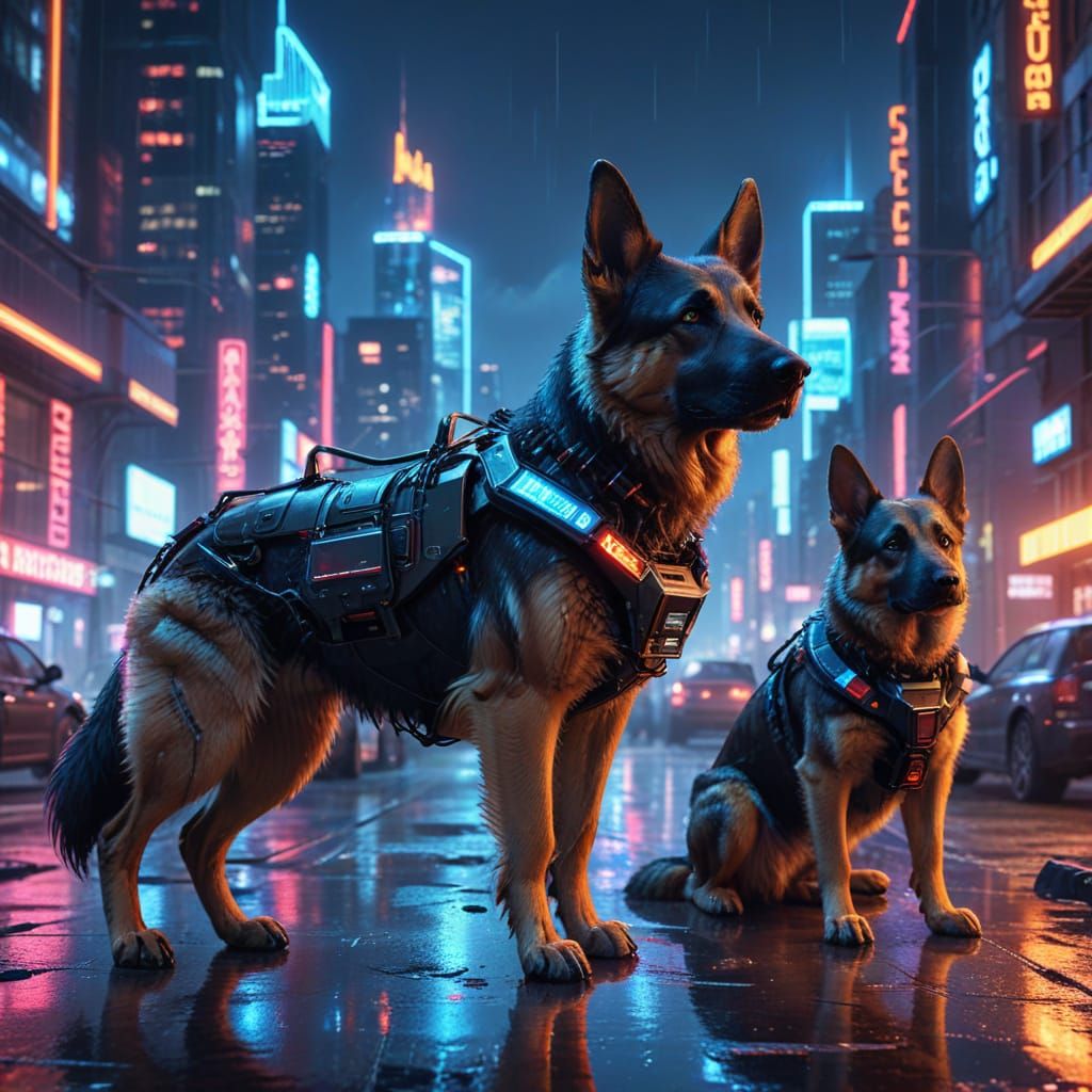 Cyberpunk Robot Dog and German Shepherd Police Operation