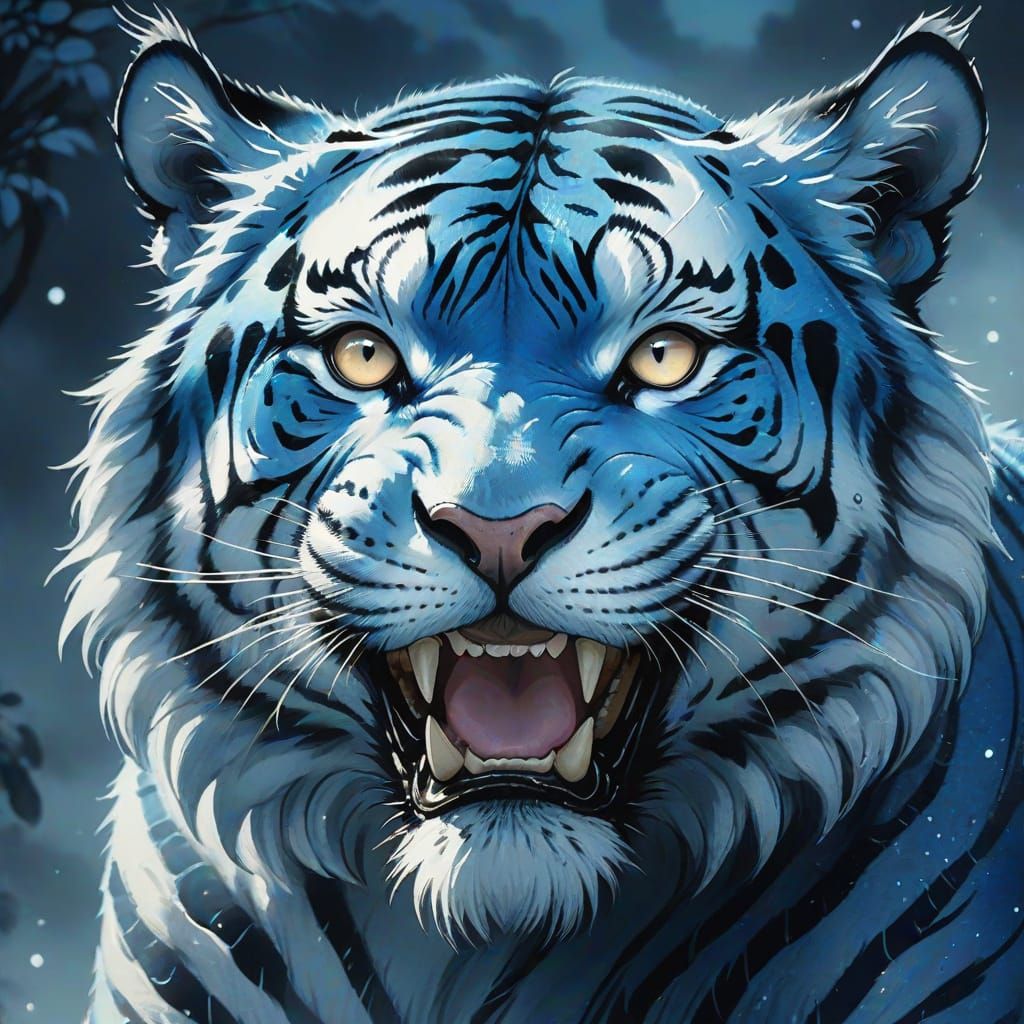 Blue Tiger with Haetae Smile in Korean Minhwa Style