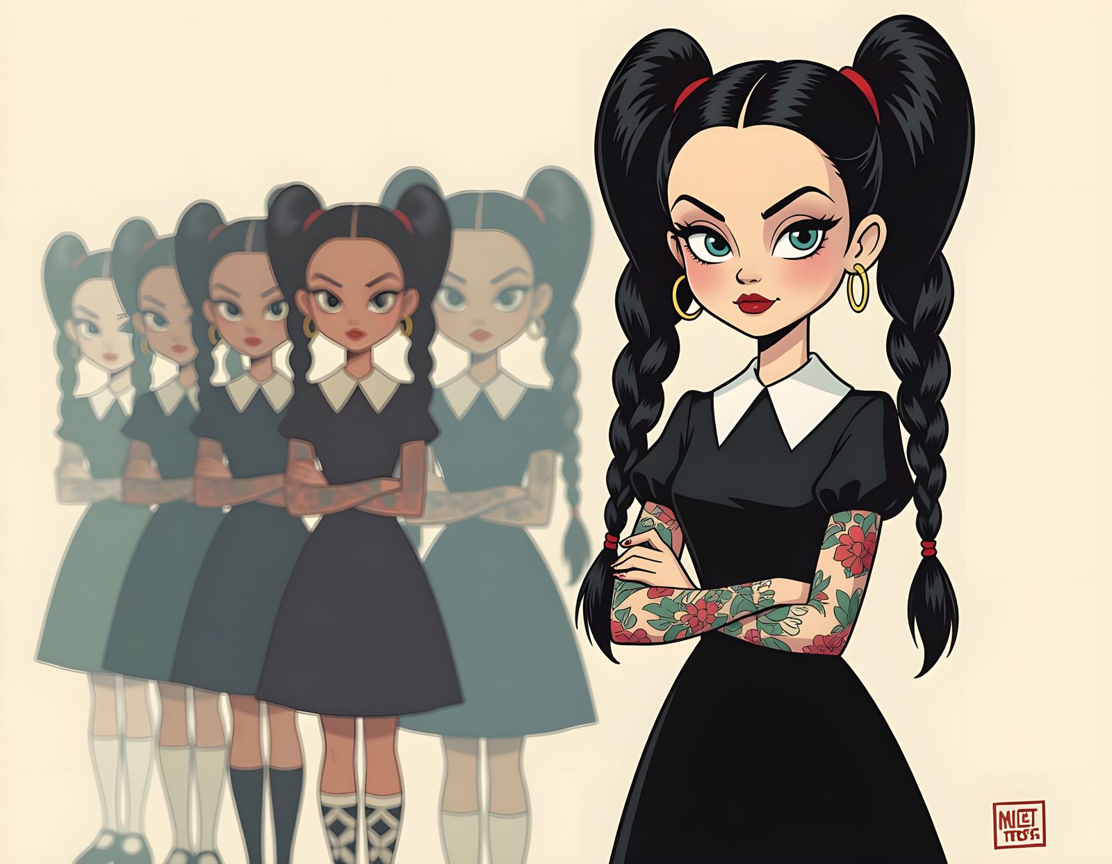 Cyberpunk Wednesday Addams in 2D Cartoon Art Style