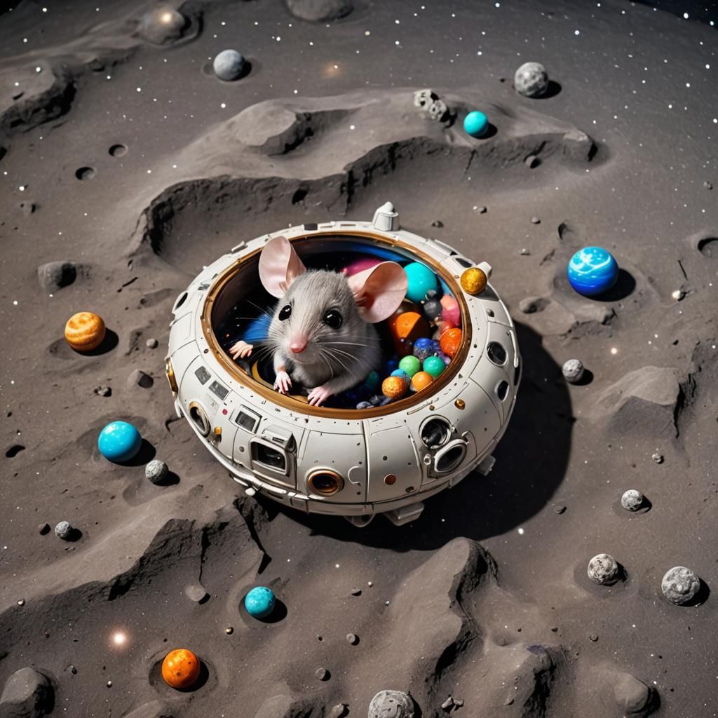 Alien Mouse Soaring Across Moon in Spaceship