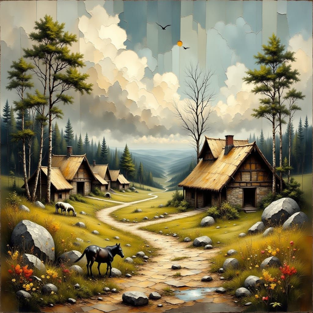 Surreal Slavic Village with Mills in Abstract Romanticism