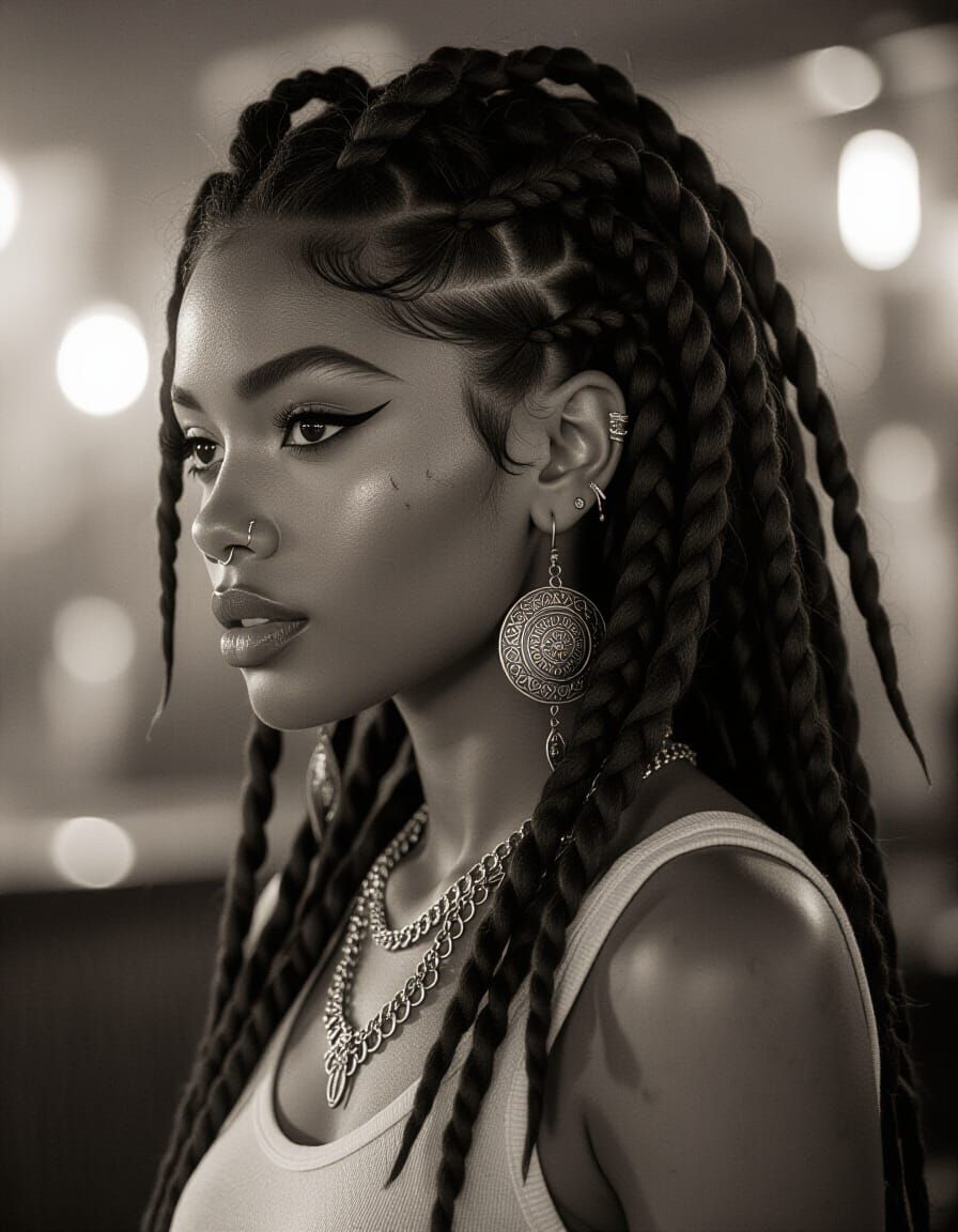 B&W Portrait of Woman with Dreadlocks and Jewelry