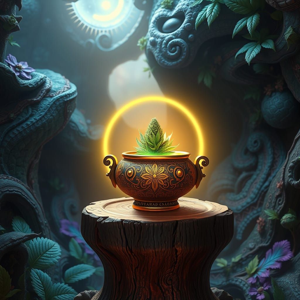 Ancient, Ornate Pot Emits Soft, Golden Aura Amidst Enchanted...