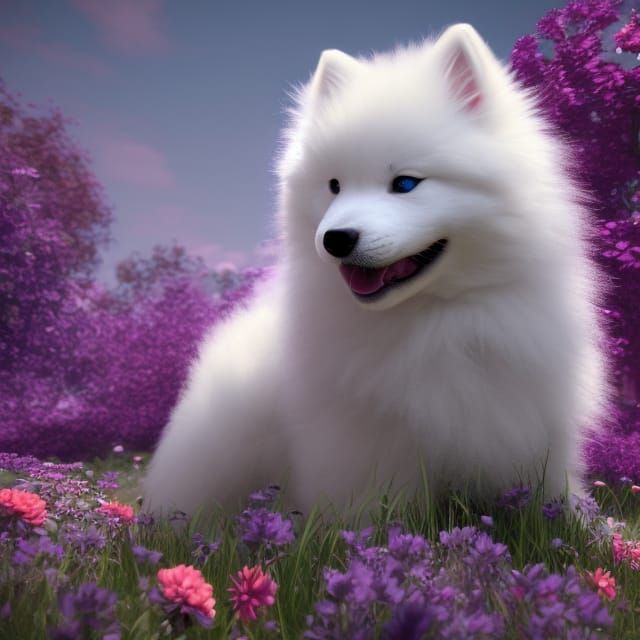 Cute Samoyed Puppy in a Fantastical Garden