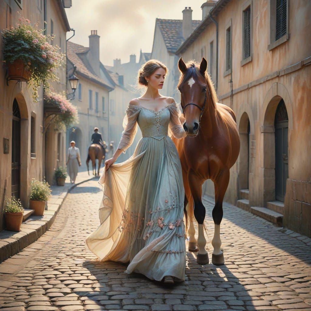 Woman Leading Horse Down Cobblestone Street in Watercolor