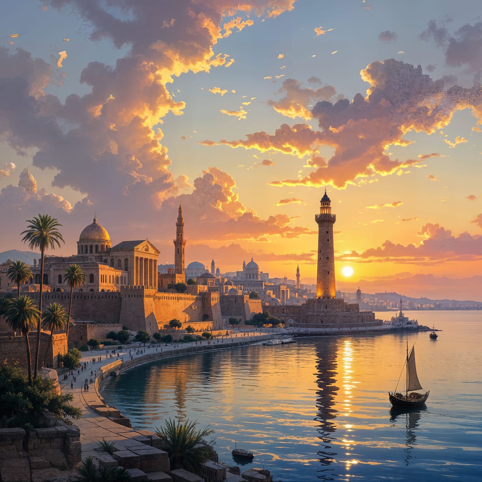 Alexandria's Ancient Skyline at Sunset in Oil Painting Style