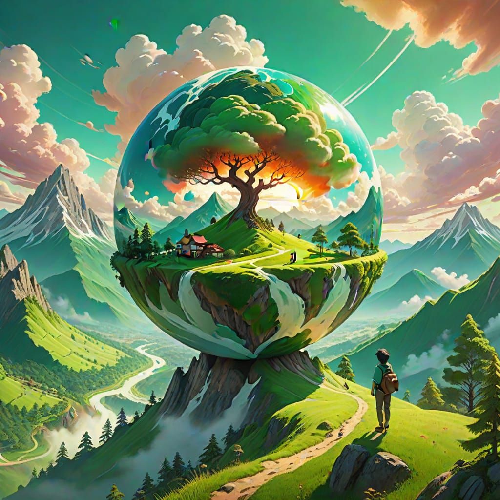 Person Holding Globe on Mountain in Miyazaki Style