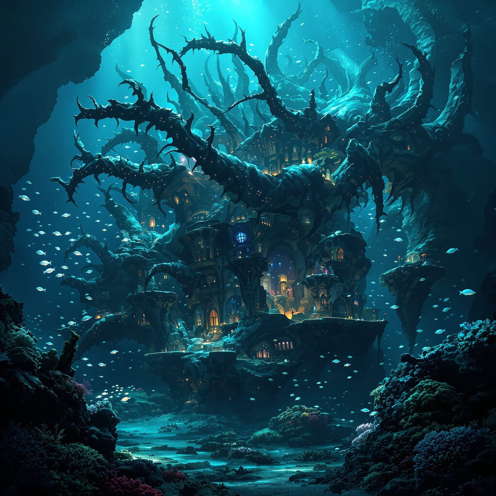 Ethereal Underwater City in Giant Sea Creature Skeleton