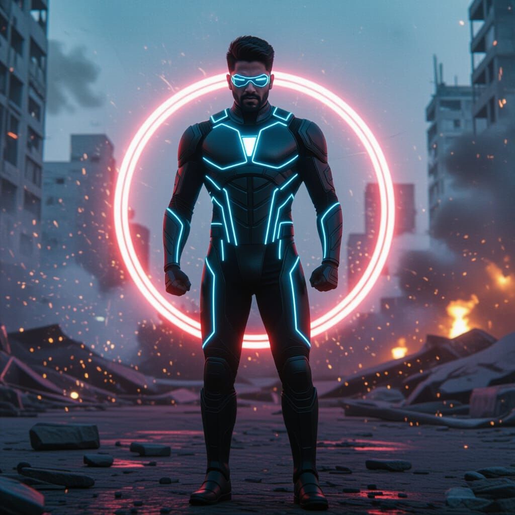 Allu Arjun as Futuristic Superhero in Dystopian Cityscape