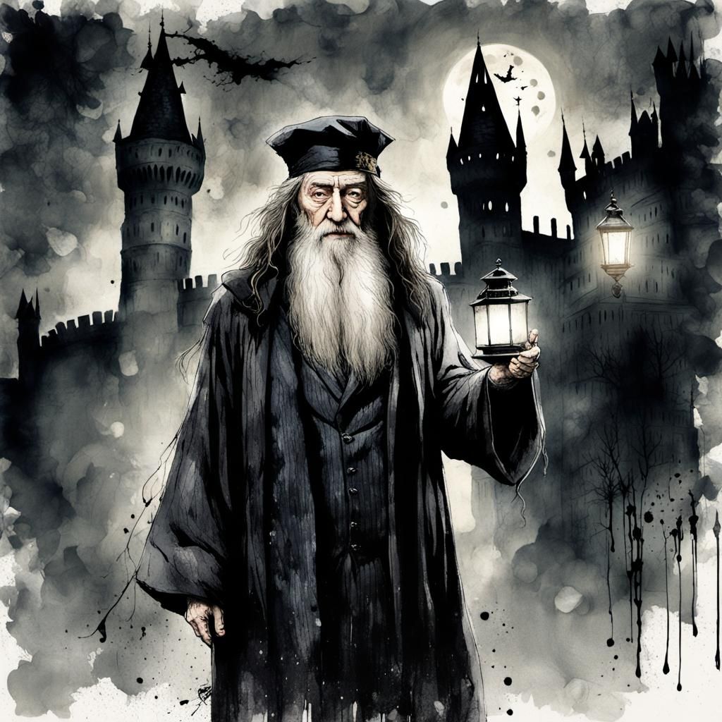 Dumbledore with Lantern in Ink Splatter Art