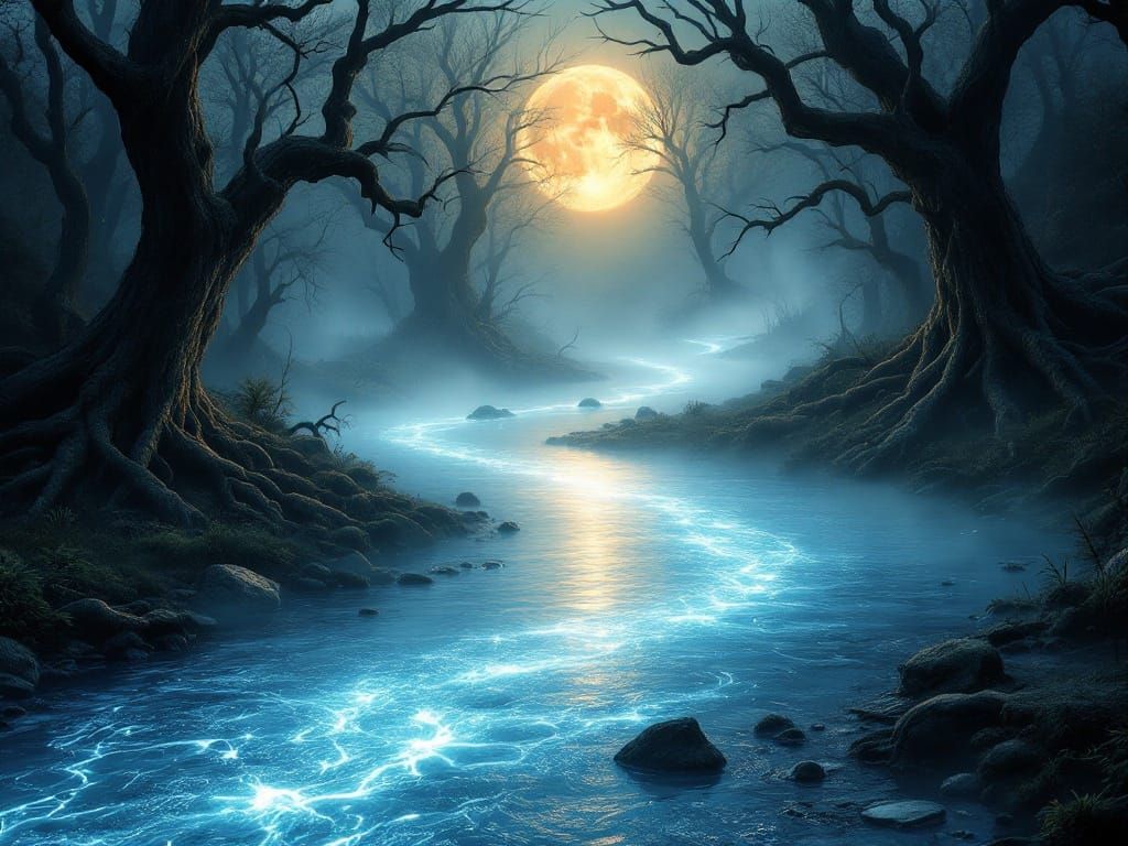 Glowing River Under Lunar Light in Fantasy Forest