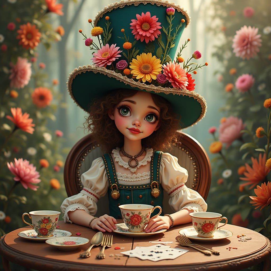 Whimsical Mad Hatter Girl in Dreamlike Garden
