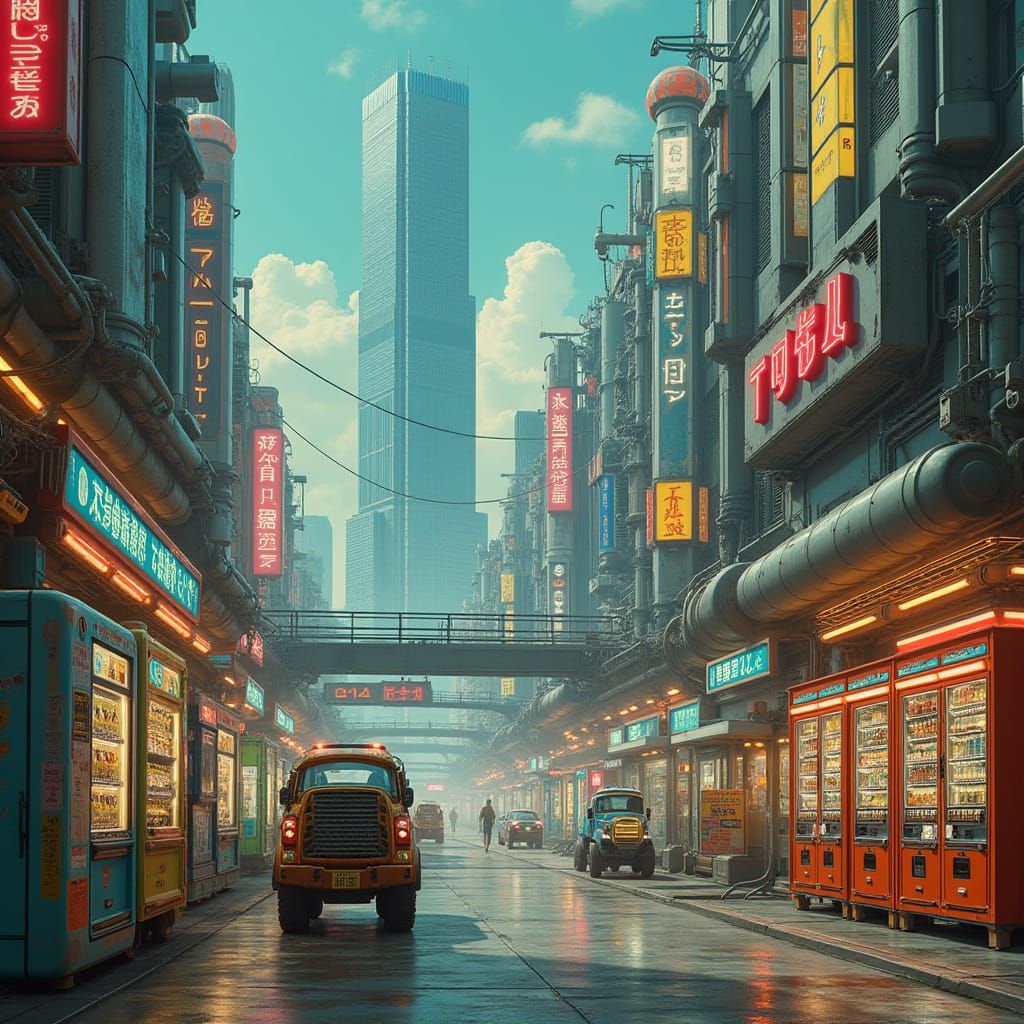 Futuristic City with Retro-Futuristic Vending Machines and H...