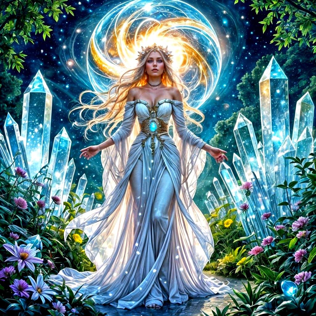 Celestial Goddess in Quartz Garden: Digital Art