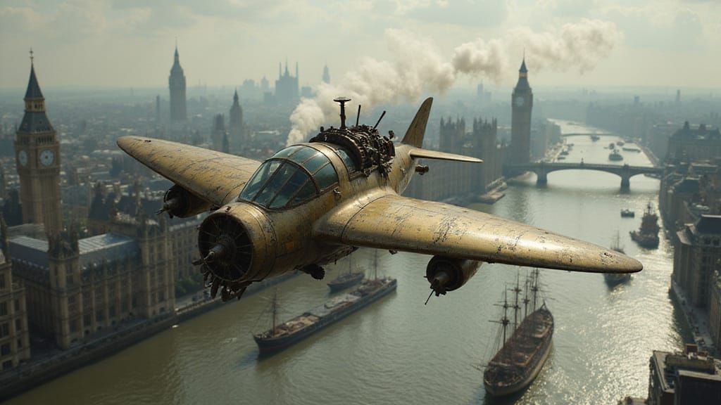 Steampunk Stingray Aircraft Over Victorian London