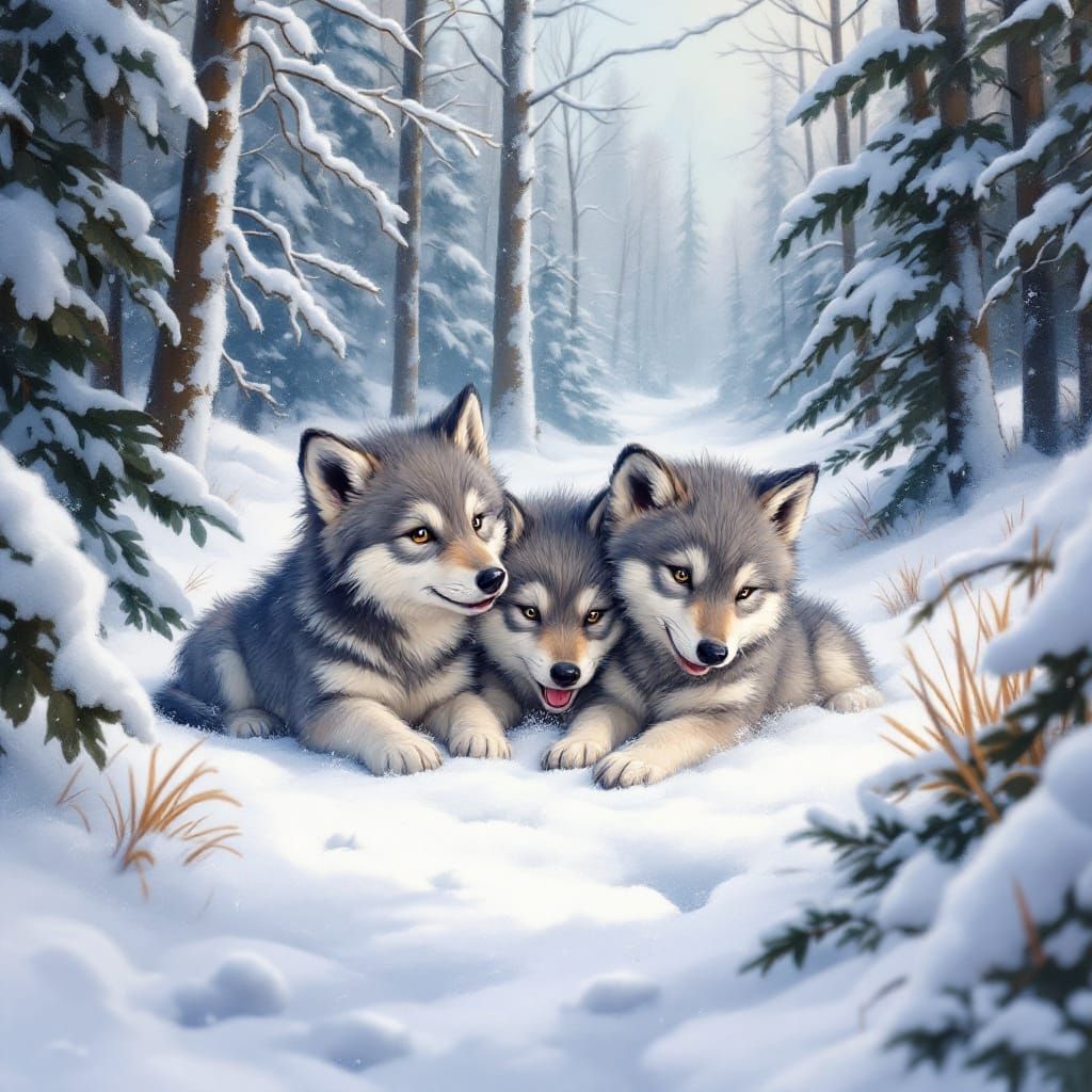 Wolf Cubs Frolicking in Winter Wonderland