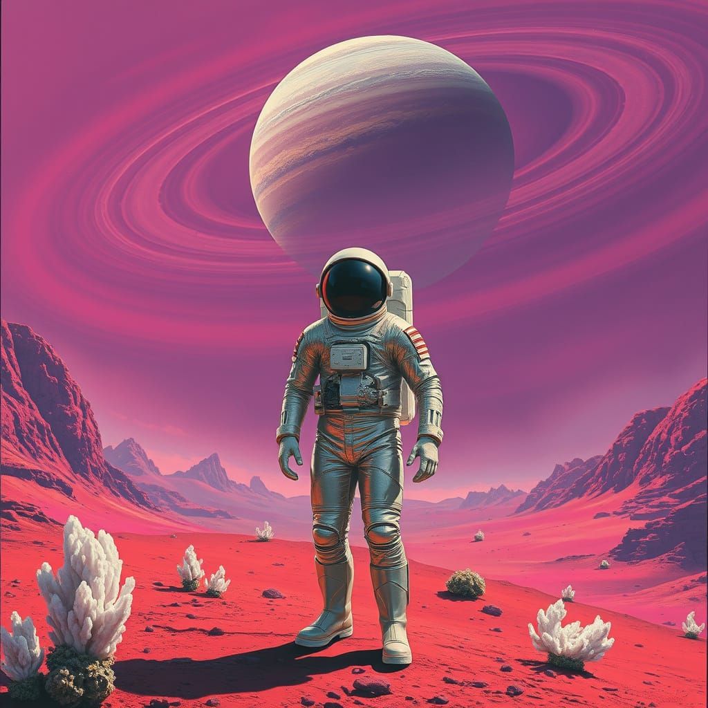 Retro Astronaut on Alien Planet in Vintage Sci-Fi Style