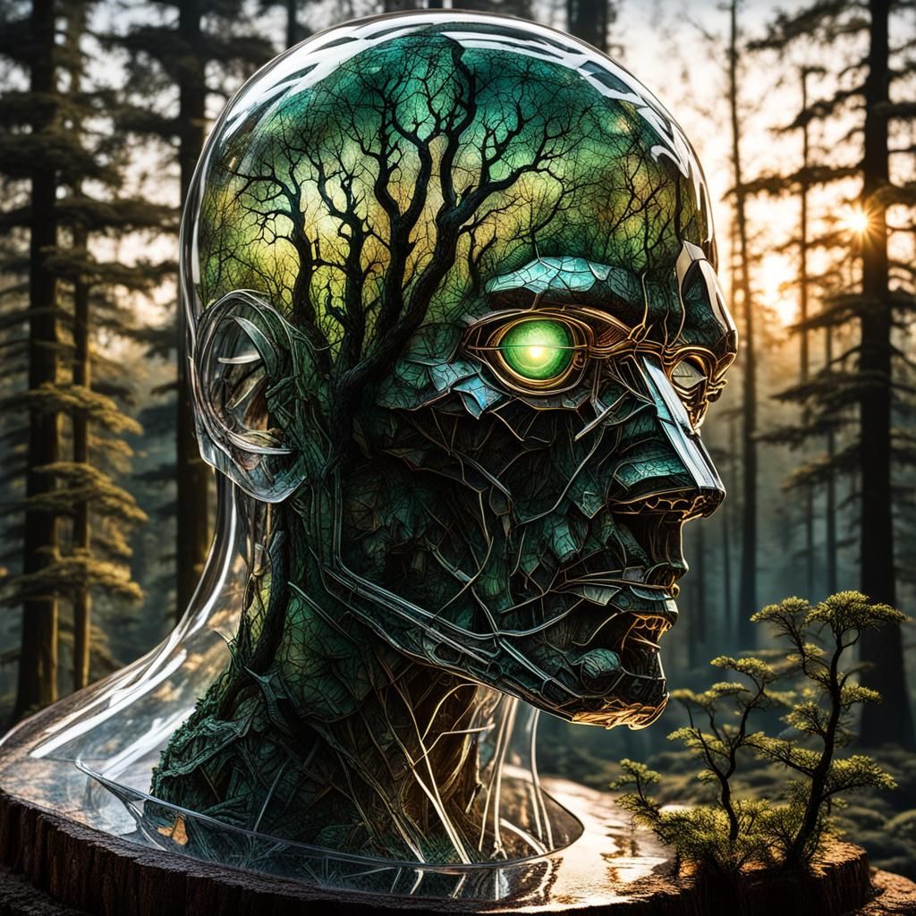 Mechanized Man with Forest in Cracked Glass Head