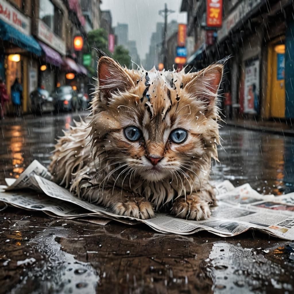 Sorrowful Wet Kitten Seeks Shelter from Rain