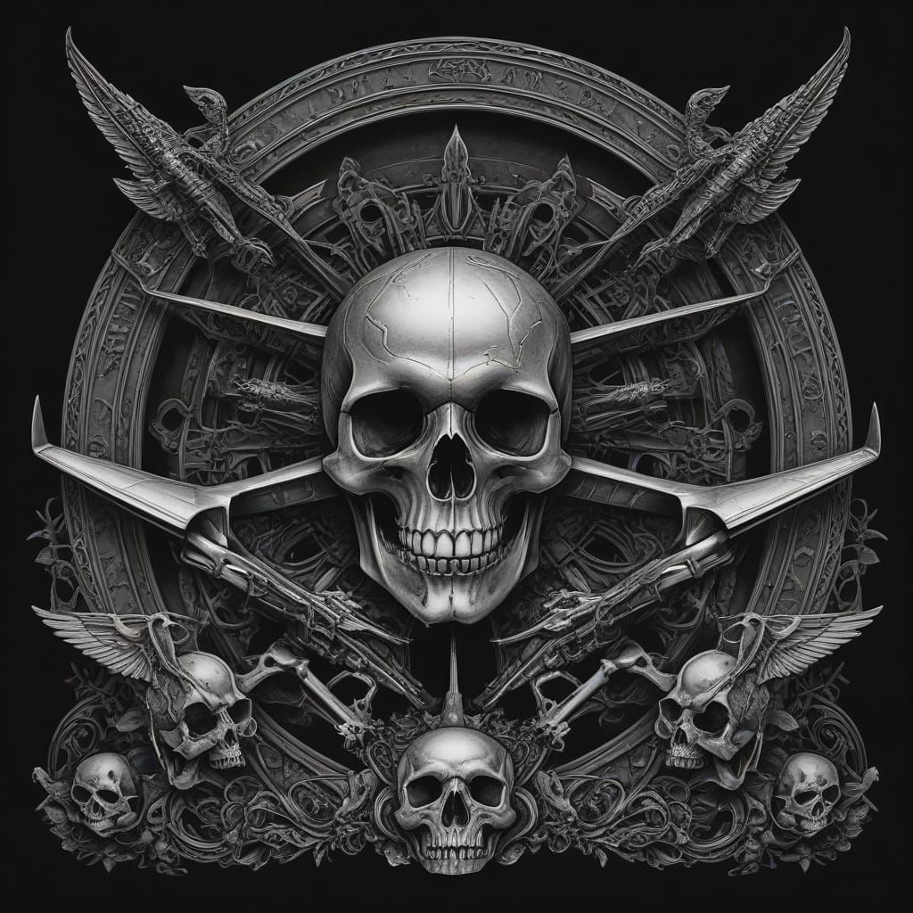 A luxury black private jet, in a gothic style of skulls and bones. 'Rebel Rockers' logo along it side *add a gothic back...