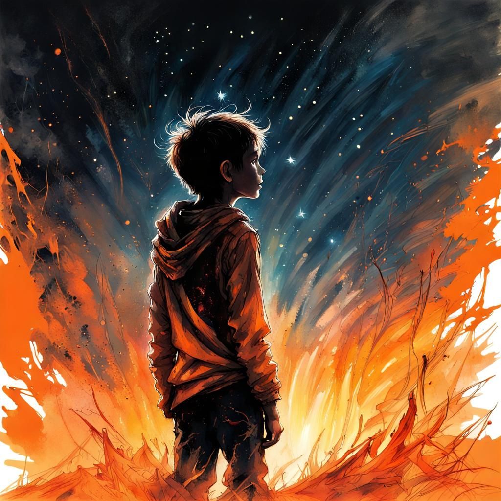 Boy Reaching for Stars in Fiery Landscape