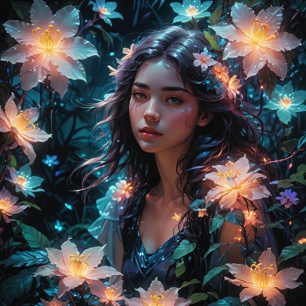 Bioluminescent Flowers in Vaporwave Neon Forest