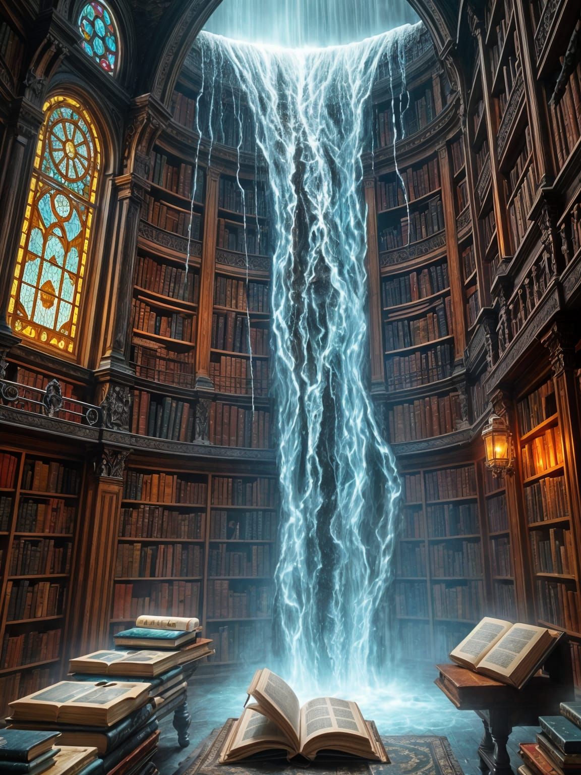Magical Waterfall Flowing from Ancient Bookshelf