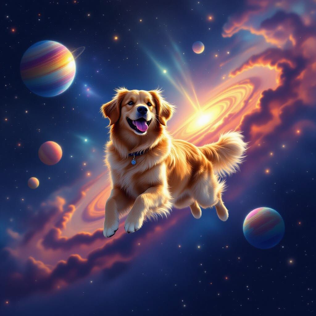 Golden Retriever Floating in Starry Space with Colorful Plan...