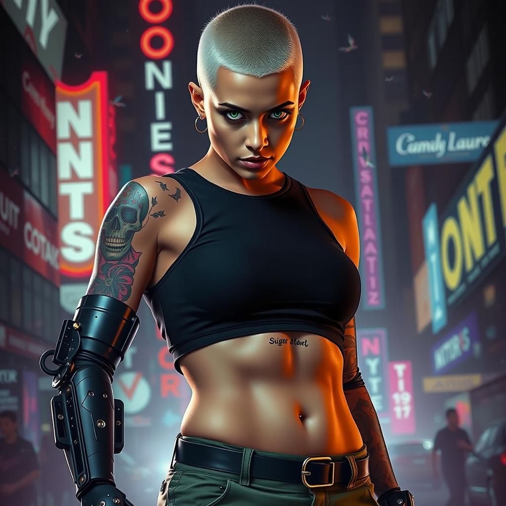 Latina with Cybernetic Arm in Cyberpunk City