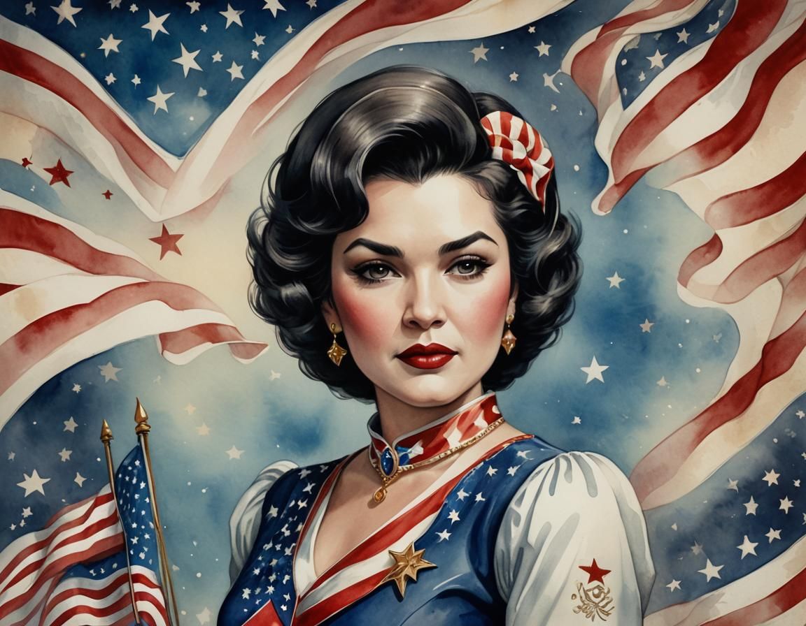 Watercolor Portrait with American Flag, Detailed Matte Paint...