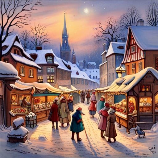 Charming Christmas Market in Town, Anton Pieck Style