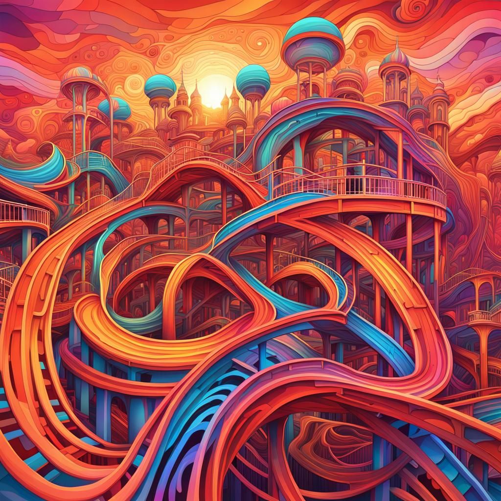 Glowing Fractal Rollercoasters at Sunset in Surreal Theme Pa...