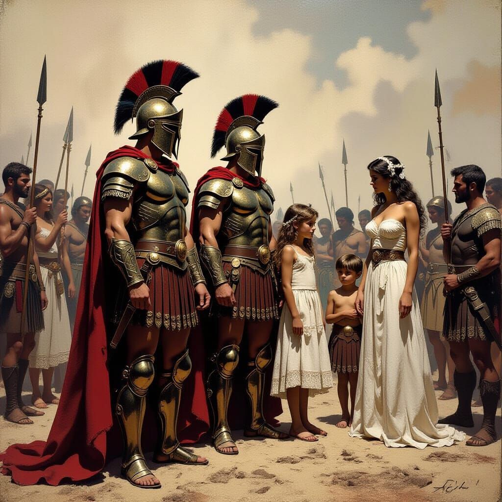 Spartan Warriors Bid Farewell in Shadowy, Sepia-Toned Scene