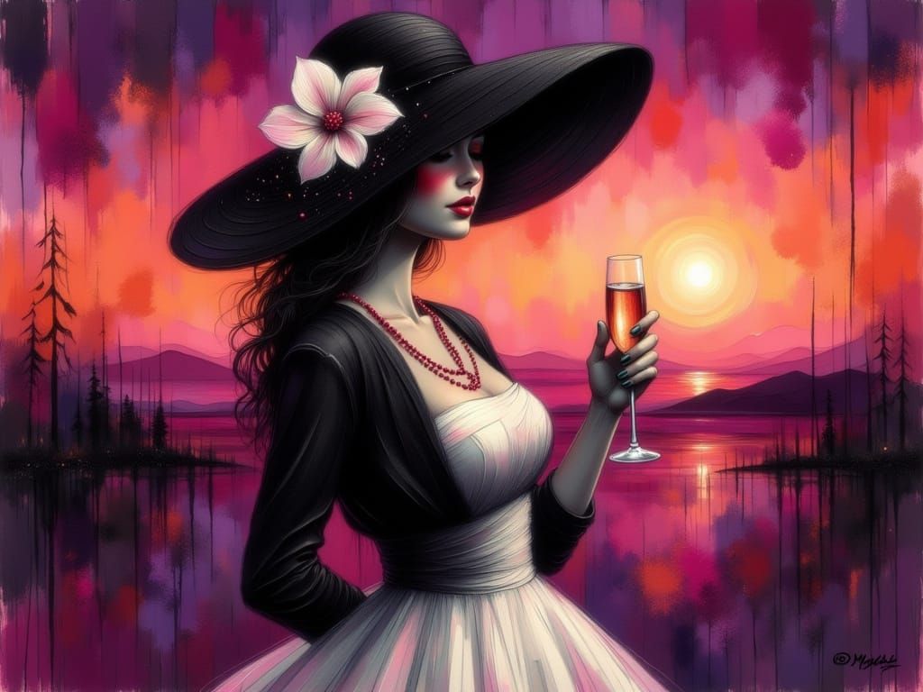 Flamboyant Woman in Black Hat Holds Champagne