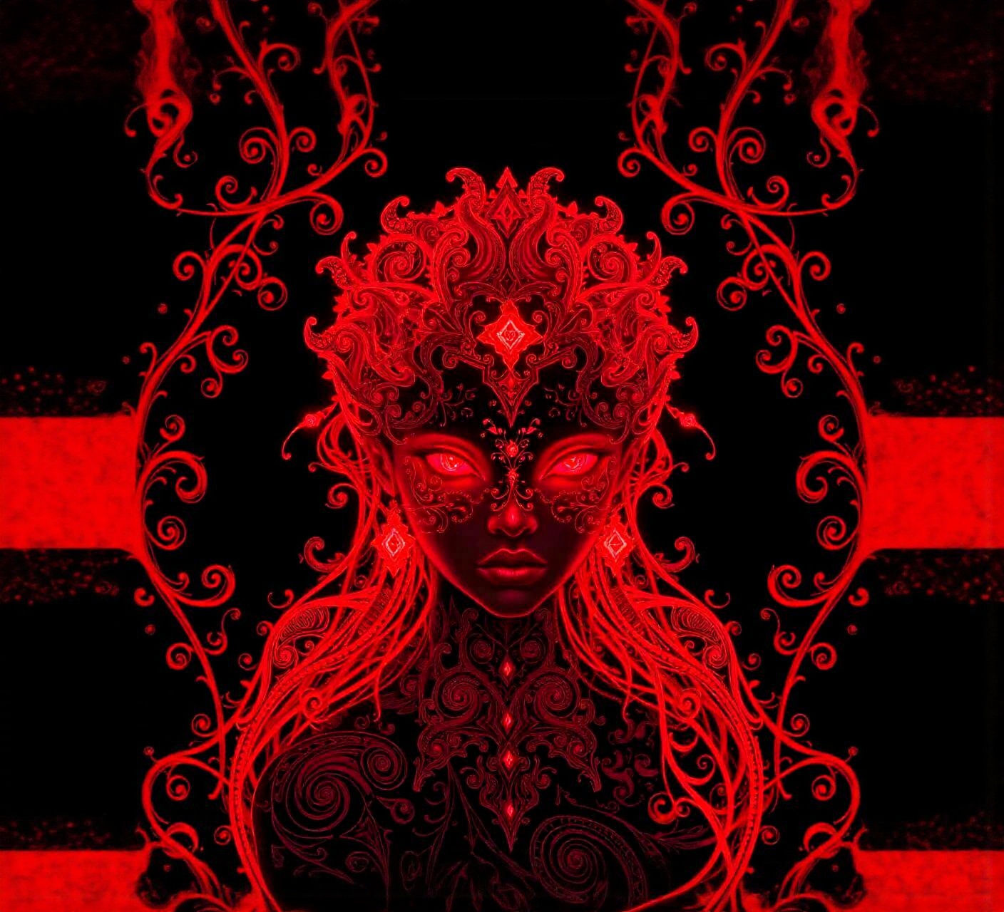 Ethereal Bioluminescent Maiden with Red Filigree Designs