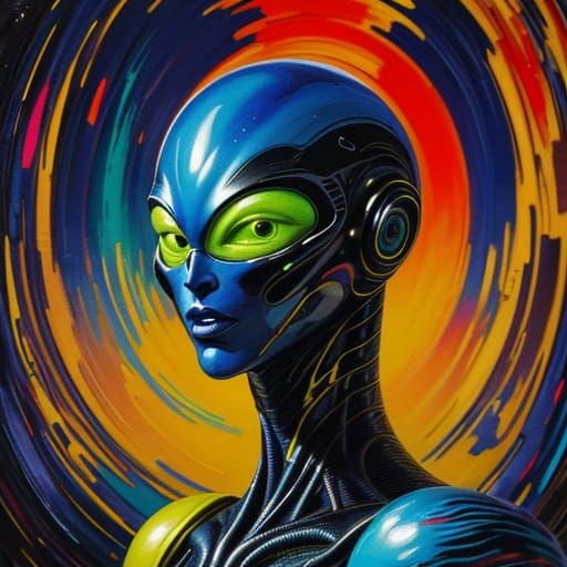 Alien in Futuristic City: Neo-Impressionist Impasto Oil Pain...