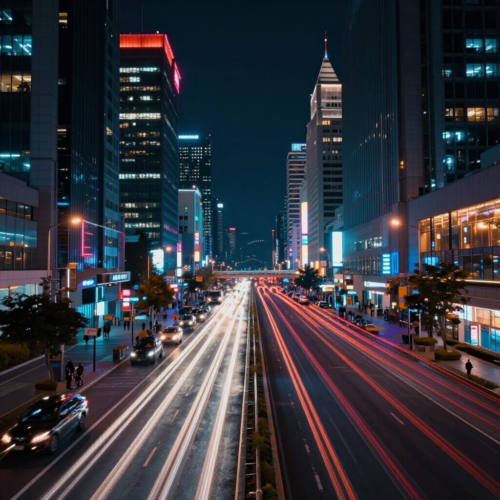 Neon Cityscape at Midnight with Light Trails