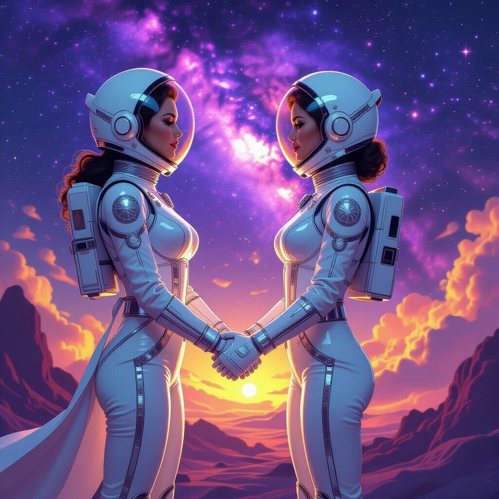 1950s Spacewomen Holding Hands in Cosmic Vista