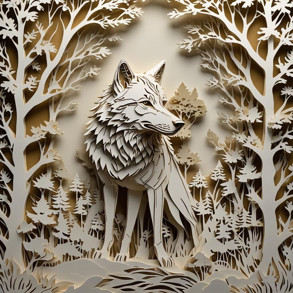 Kirigami Alpha Wolf Silhouette with Natural Landscape