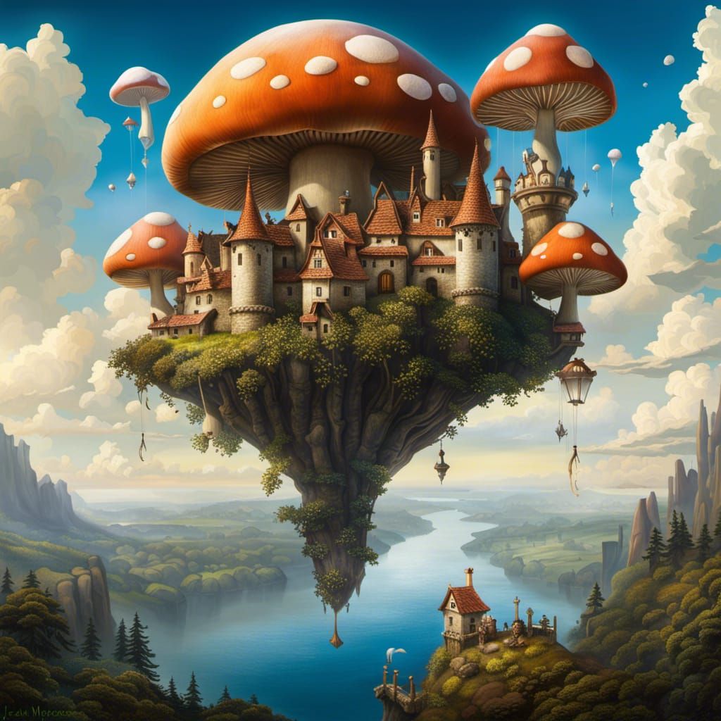 Dreamlike Floating Mushroom Castle in the Sky