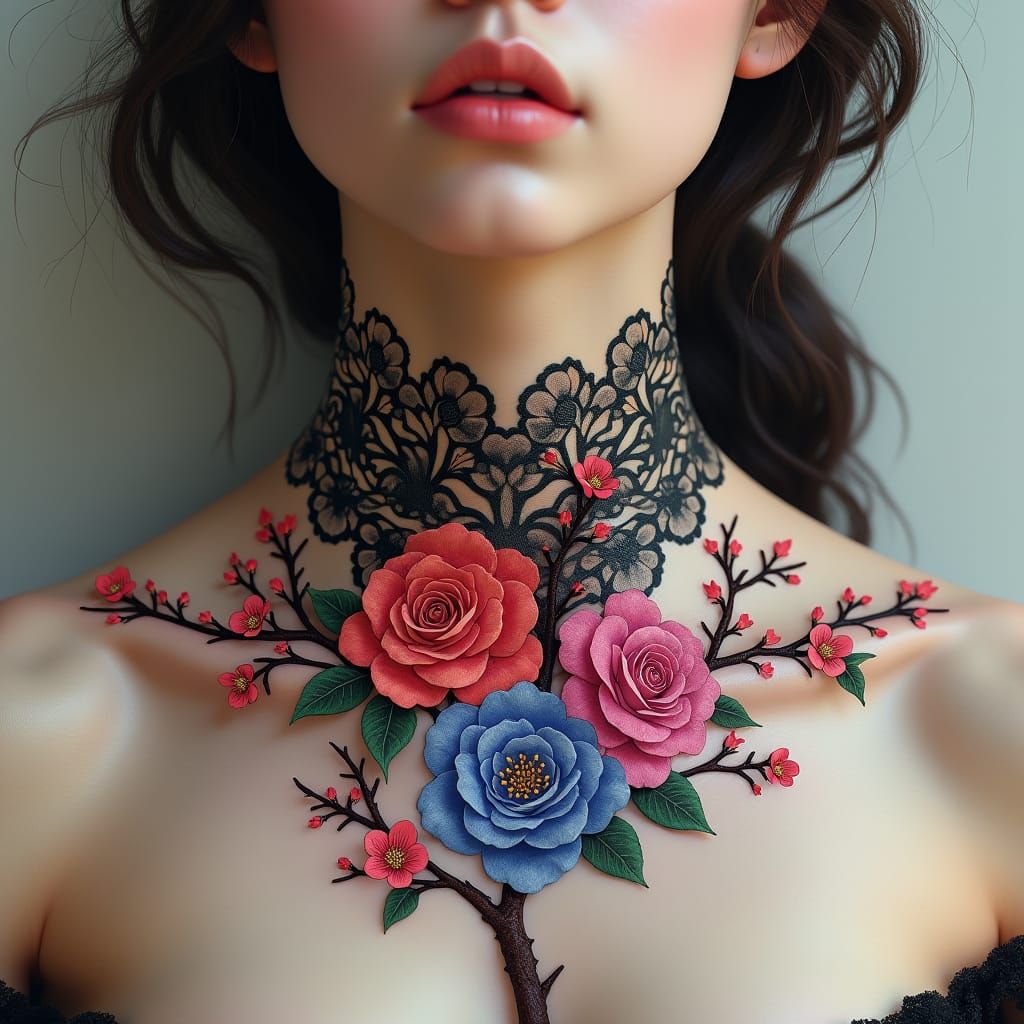 Lace Tattoo with Cherry Blossoms and Roses