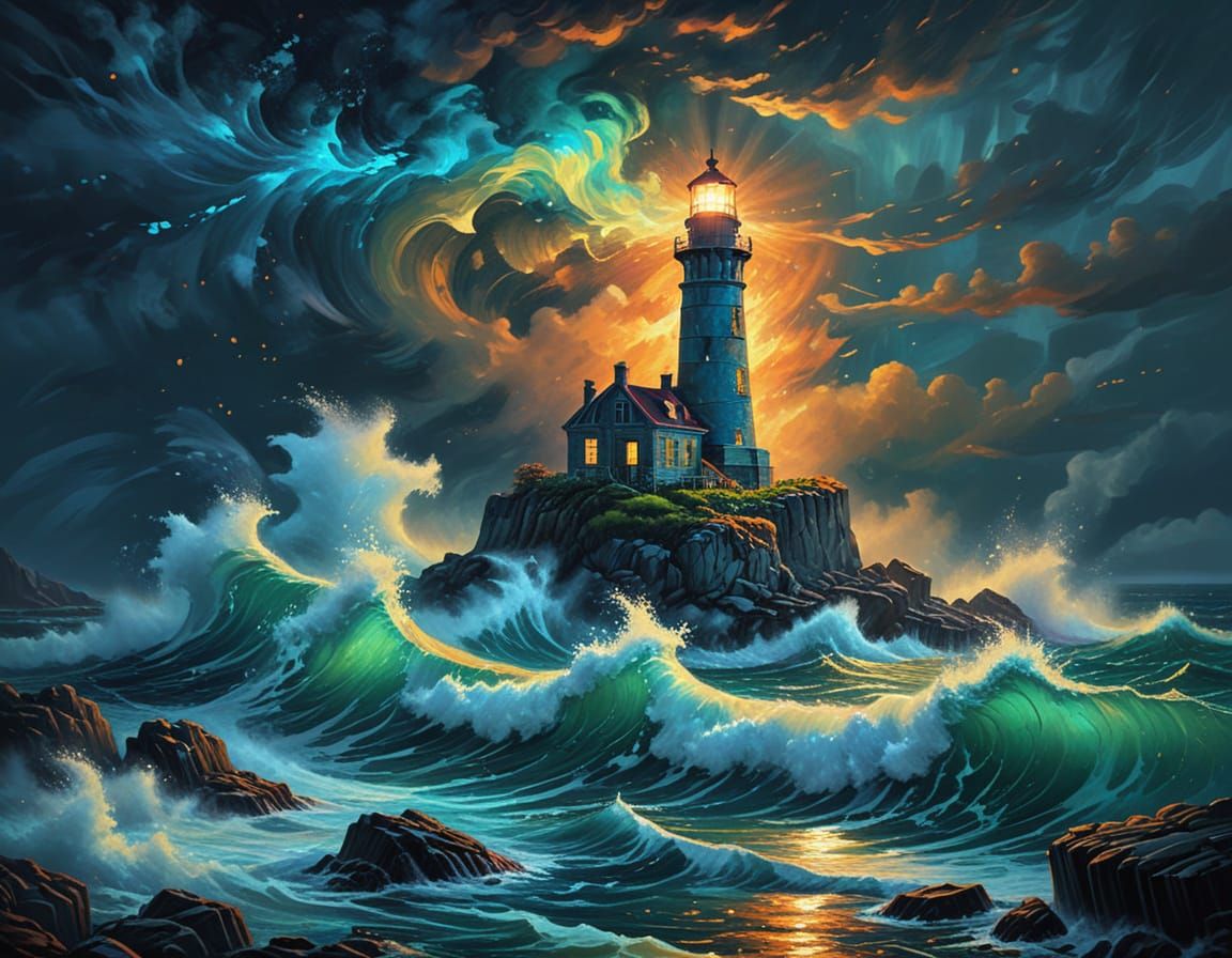Bioluminescent Lighthouse on Cliff in Van Gogh Style