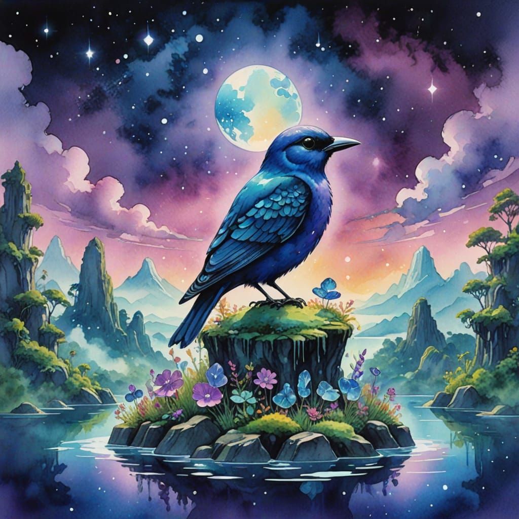 Enchanted Sapphire Bird Soars Amidst Starry Skies