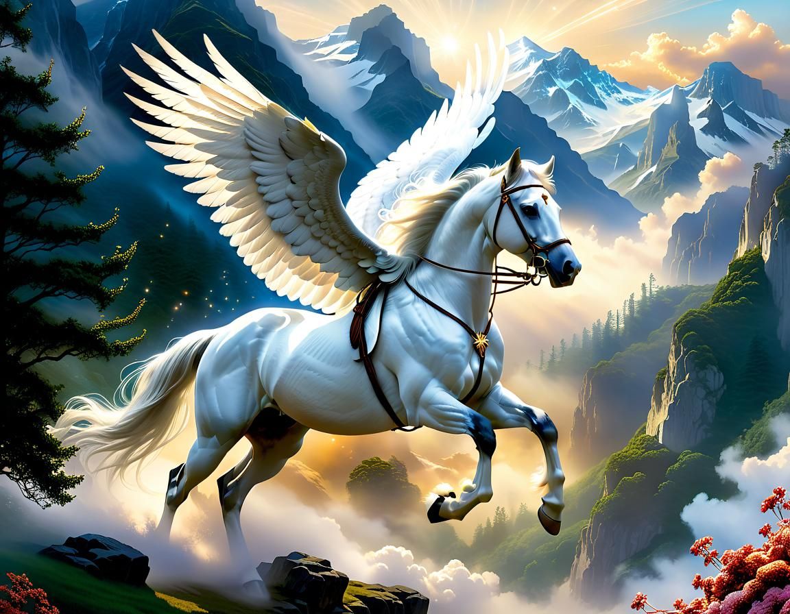 Pegasus wearing Athena's charmed bridle