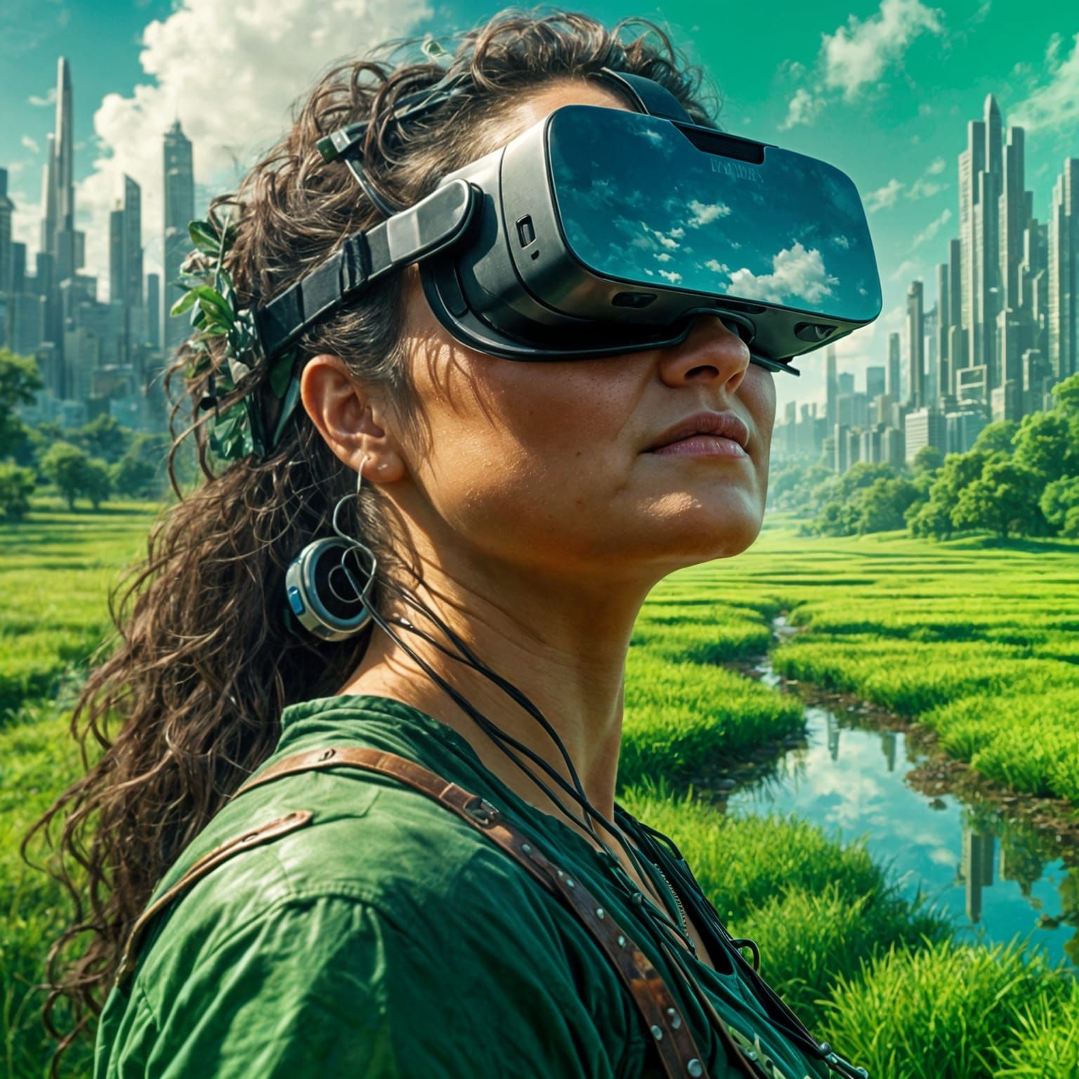 Woman in VR Headset Reflecting Dystopian City