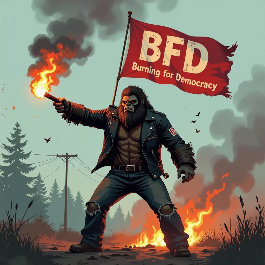 Bigfoot Throws Molotov Cocktail in Gritty Illustration