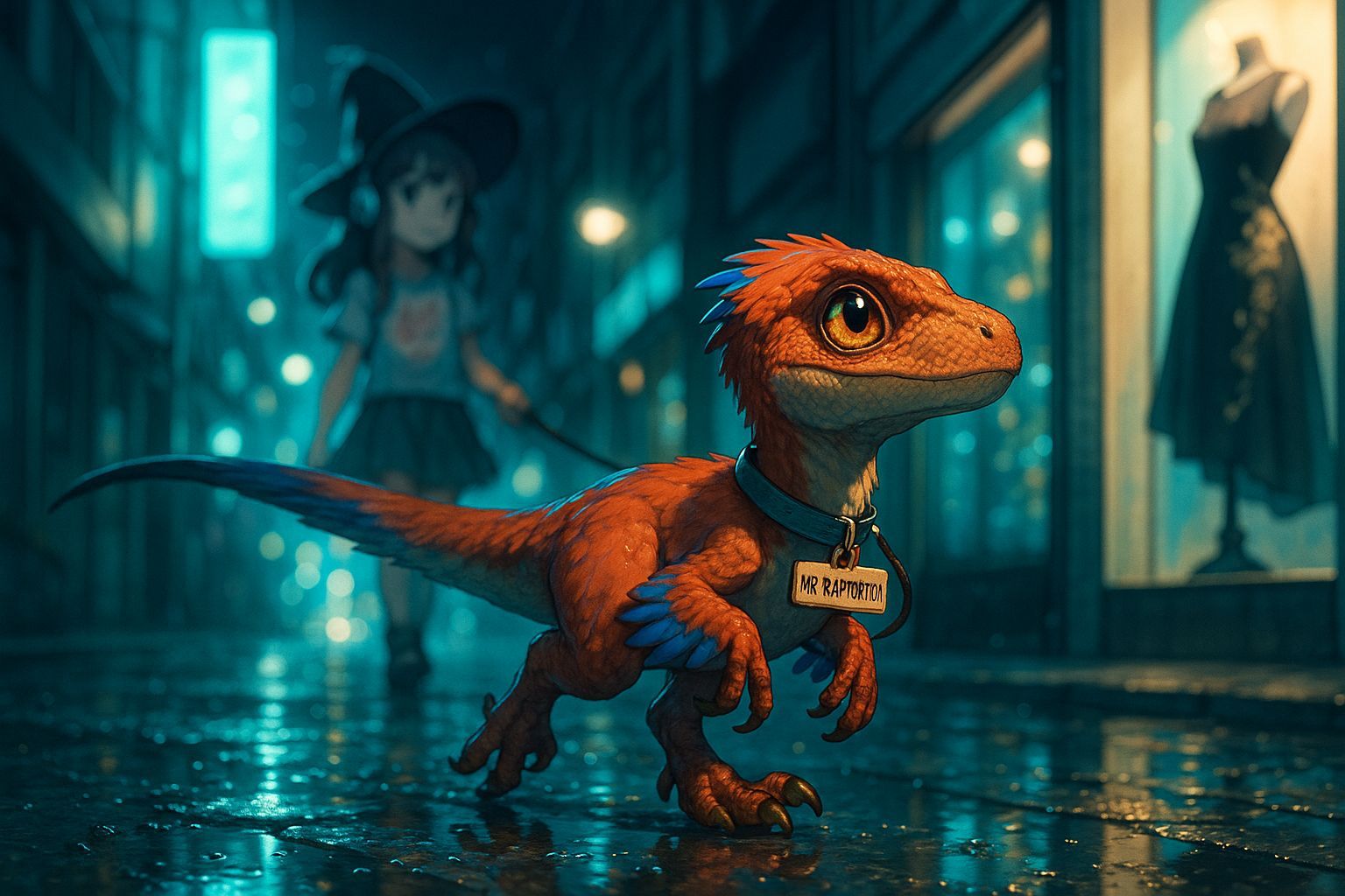 Anime Velociraptor Walks Neon Cityscape