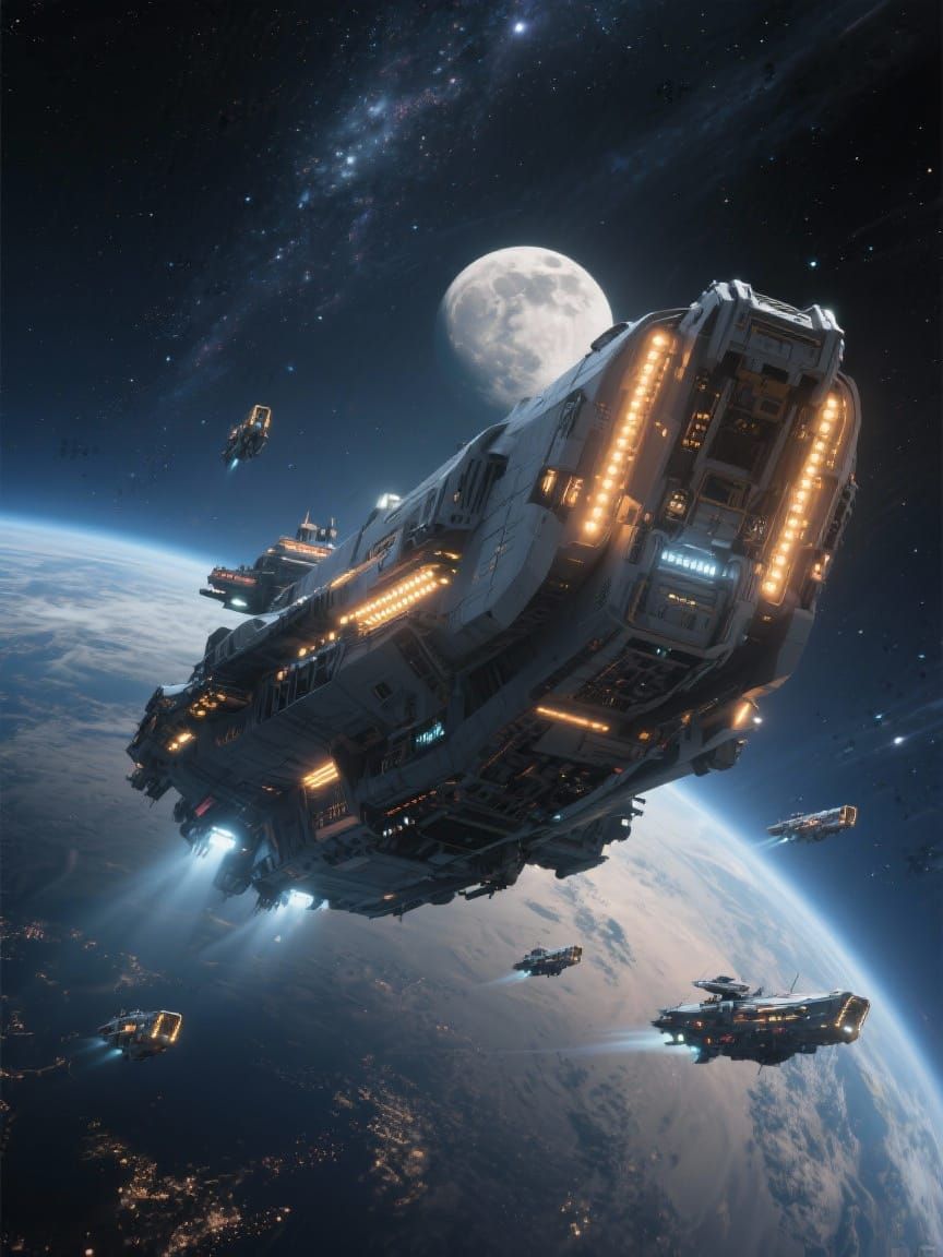 Colossal Starship Orbits Detailed Planet with Moon