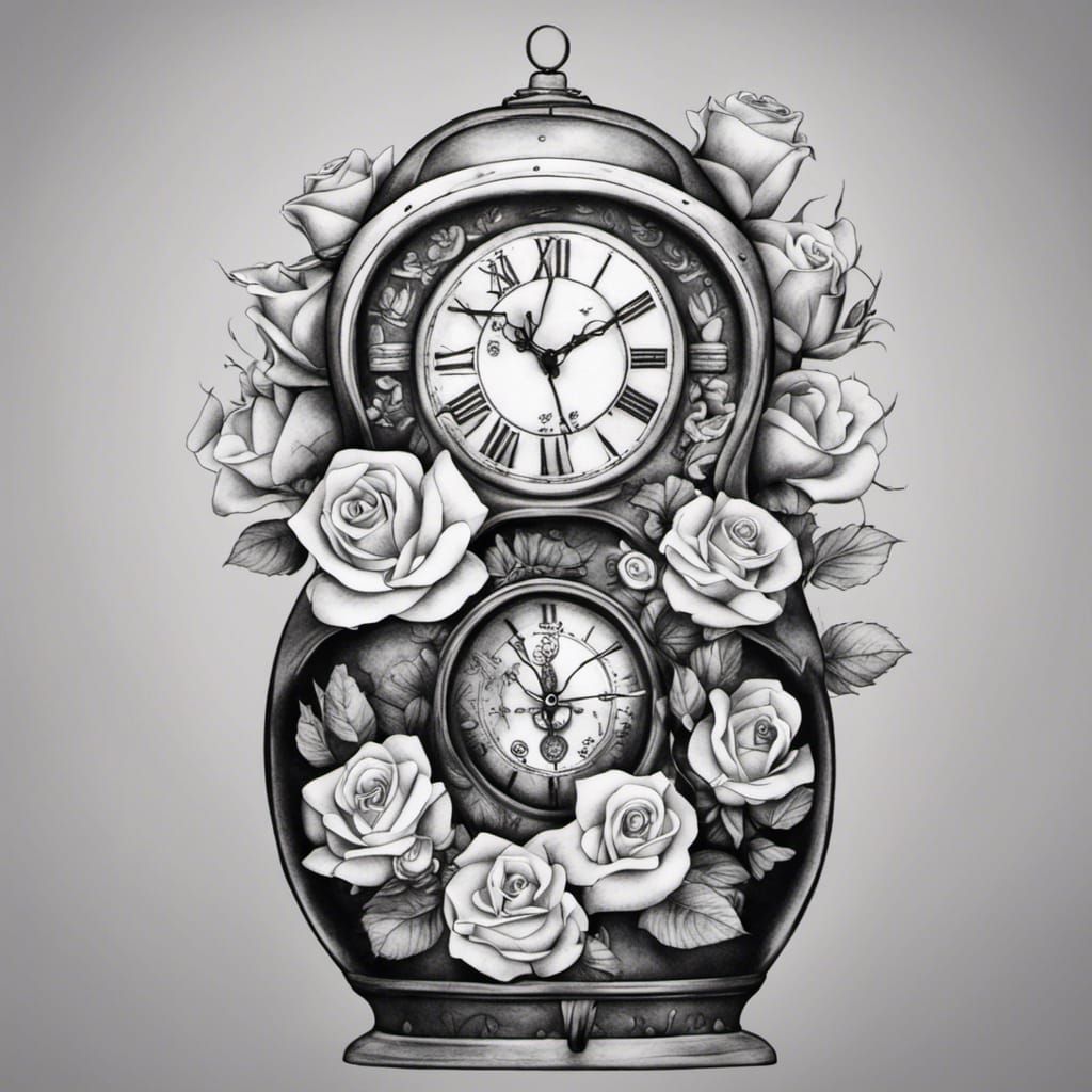 Russian Doll Tattoo Design with Clocks and Roses