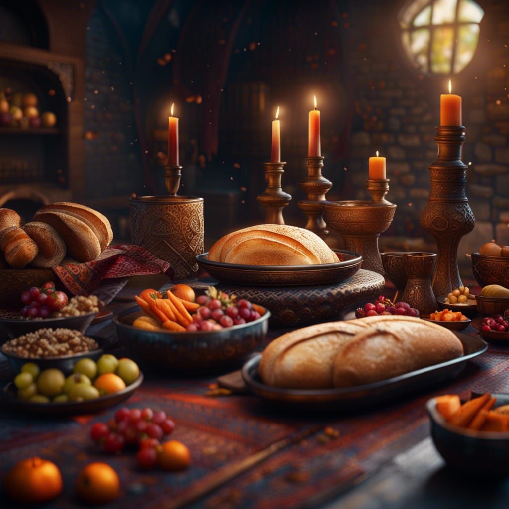 Festive Shabbat Table with Challah Bread